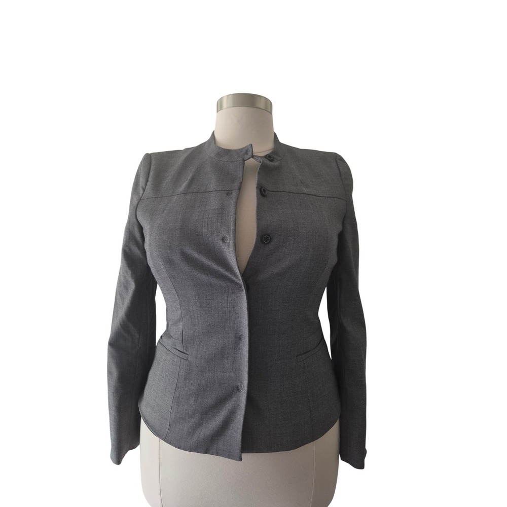 Jones New York EasyCare Stretch Grey Herringbone Mock Neck Blazer Jacket 14 NEW